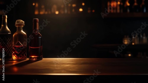 Cinematic bar counter with deep shadows and warm rim light illuminating bottle edges, 8K.