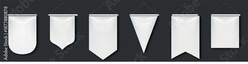 White pennant flags mockup, blank vertical banners