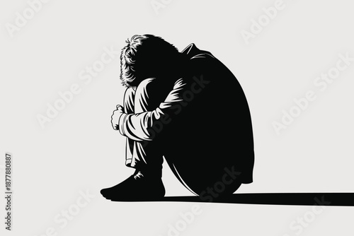 Silhouette of lonely depressed man hugging knees in despair monochrome illustration depicting mental health issues and emotional distress for psychology awareness campaigns and social issues advocacy
