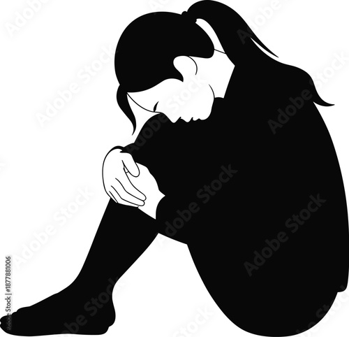 Silhouette of sad woman hugging knees in despair mental health awareness concept for depression anxiety stress trauma support resources minimalist graphic illustration for healthcare social issues web