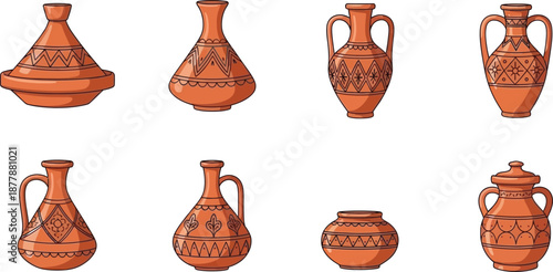 Assortment of traditional clay cooking and serving containers like ornate vases pitchers and lidded pots