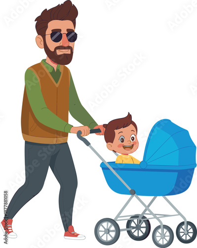 Cartoon father pushing a baby in a blue stroller on a white background child
