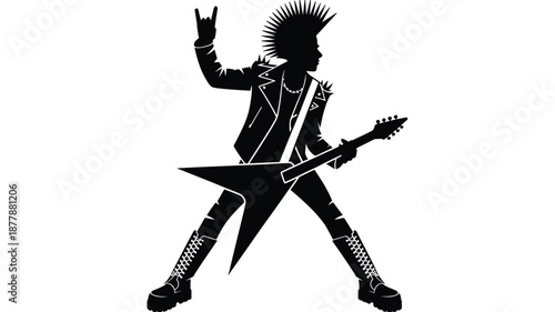 Silhouette of punk rocker guitarist playing electric guitar with mohawk and leather jacket performing rock and roll music concert energetic musician character for alternative culture music lifestyle a