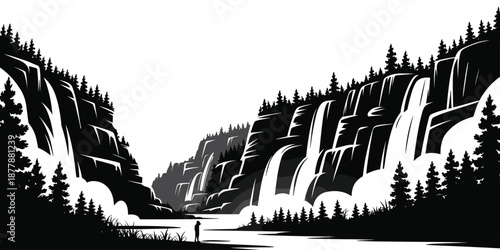 Majestic Waterfall Landscape with Solitary Figure Contemplating Nature's Beauty in Monochrome Vector Art Illustration Serene Outdoor Scenery Graphic Design for Nature Enthusiasts Travel Adventure and