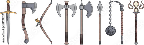 Medieval weapons collection with sword axe bow spear mace flail staff isolated realistic illustration set for fantasy history design