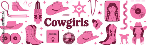 Pink cowgirls themed vector illustration, western icons collection with hats boots sheriff star disco vibes feminine retro style aesthetic design
