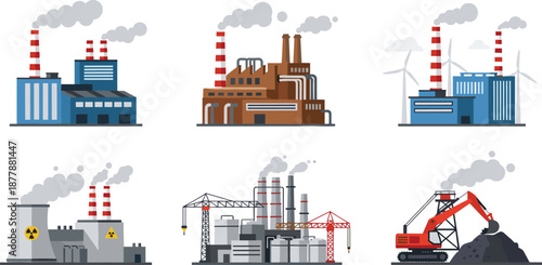 Collection of various industrial factories, nuclear plants, construction sites and heavy machinery emitting smoke, detailed vector illustration of modern manufacturing industry