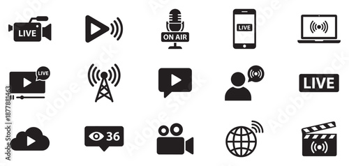 Livestream icon. Live streaming video icon set. Live streaming on air broadcast sign. Vector Illustration.
