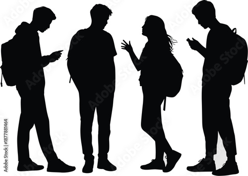 Silhouette of diverse students using smartphones talking and studying together trendy education concept back to school campus life group communication college university friends discussion for social