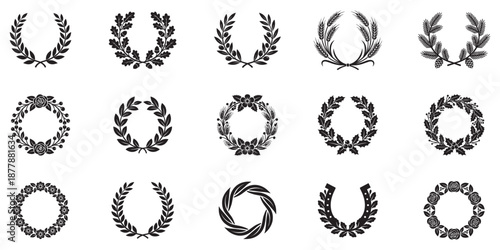 Laurel wreath icon. Laurel wreath icon set with circle, heart and square shapes, black vector illustrations for victory, award and heraldry. Vector Illustration. EPS 10