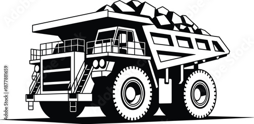 Heavy duty dump truck hauling rocks in black and white vector illustration for construction mining and transportation industry equipment powerful vehicle delivering materials for building infrastructu