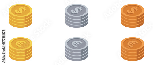 Coins stack icon with dollar and euro sign golden, silver, bronze. Coin icon. Coin stack icon. Vector Illsutration.