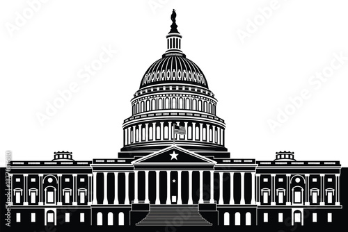 US Capitol Building in Washington DC black and white vector illustration government architecture American flag on top of the famous landmark for tourism travel destination political science and histor