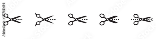 Scissors cut lines black symbols set. Isolated scissor cutting paper with dotted line icons on white background. Coupon sales signs, packaging label concept. Vector illustration. EPS 10