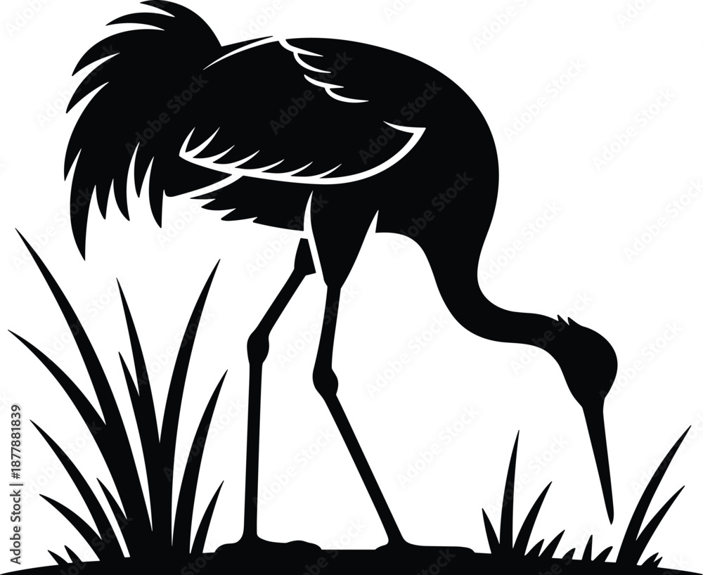Fototapeta premium Elegant black crane silhouette foraging in lush green grass graceful bird illustration for nature conservation wildlife sanctuary logo design environmental protection graphic resource wetland ecosyste