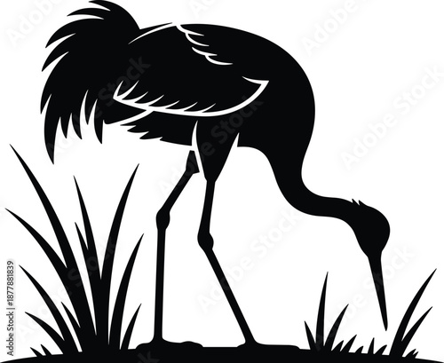 Elegant black crane silhouette foraging in lush green grass graceful bird illustration for nature conservation wildlife sanctuary logo design environmental protection graphic resource wetland ecosyste