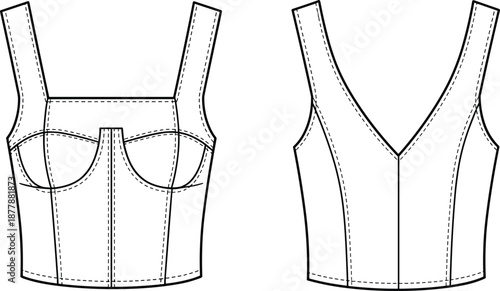 Front and back fashion technical sketch of corset style cropped top with structured seams, detailed apparel design template for garment illustration