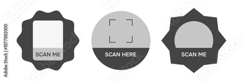Templete Scan Me QR code, decorative frames.  Scan here phone tag. Vector