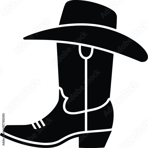 Classic black cowboy boot and hat icon silhouette vector illustration representing rural western fashion culture design element for country music festival rodeo event promotion wild west theme graphic
