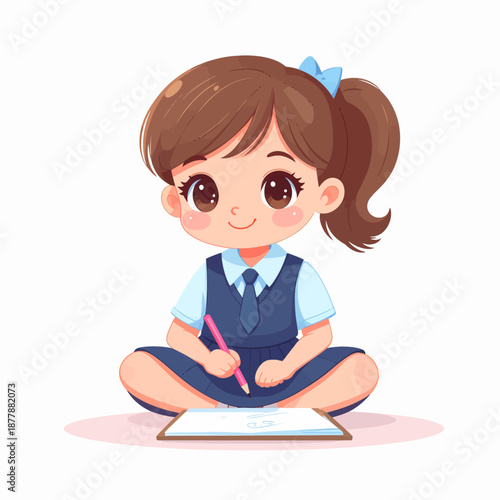 Adorable chibi schoolgirl in uniform happily engaged in drawing or studying, a charming cartoon illustration perfect for educational themes and children's content