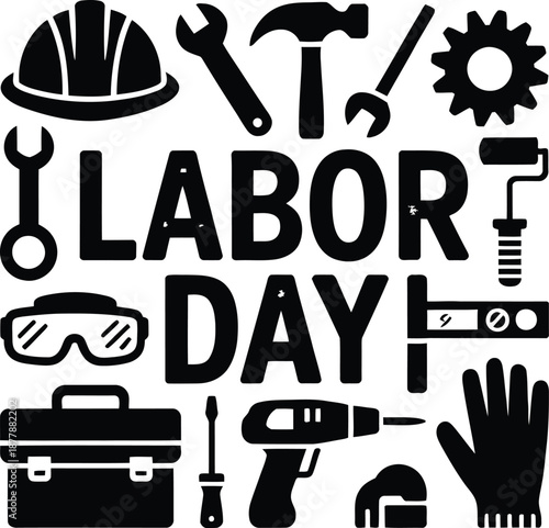 Labor Day celebration tools icons construction equipment silhouettes collage