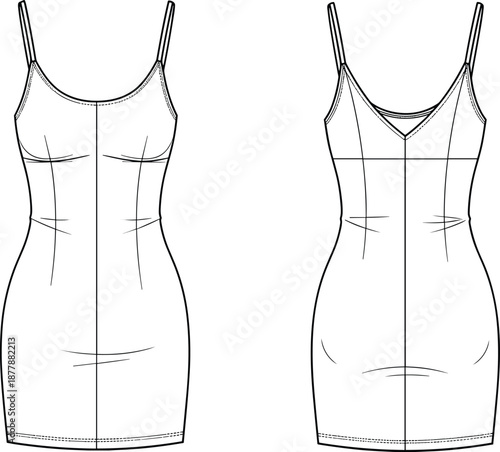 Front and back technical fashion sketch of fitted slip dress with straps and seam details, professional garment template for apparel design illustration