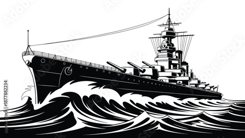 Vintage battleship at sea illustration black and white historic warship sailing through ocean waves naval vessel vector design for maritime history military technology educational resources nautical t