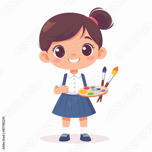 Cute cartoon girl holding a palette of paints and brushes, ready for art class