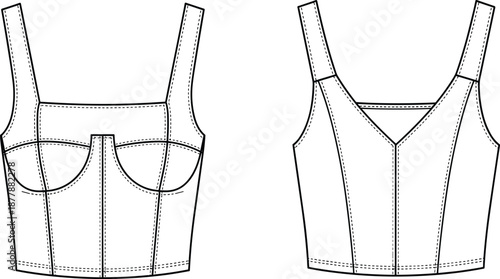 Front and back technical fashion sketch of structured corset style cropped top with seam details, professional garment design template illustration