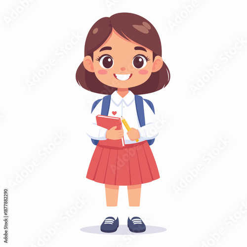 Cheerful schoolgirl cartoon character holding a book and pencil, ready for class, adorable young student vector illustration ideal for educational resources and kids' learning