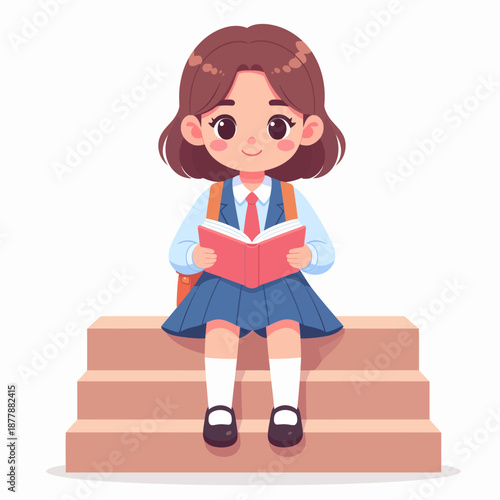 Charming schoolgirl illustration sitting on steps, engrossed in reading a book, showcasing a student's dedication to learning and education with a happy expression