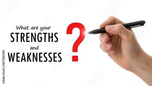 Questioning self assessment involves identifying personal strengths and weaknesses while holding a marker near a large red symbol representing uncertainty.
