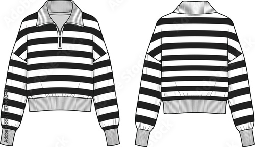 Front and back technical sketch of striped half-zip pullover sweater with ribbed cuffs and hem, detailed apparel design illustration template