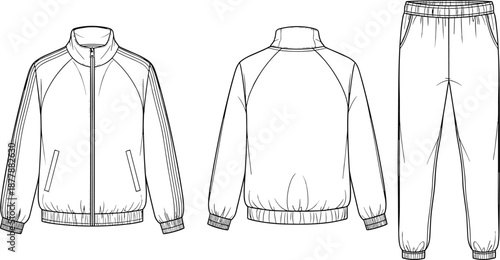 Front and back technical sketch of tracksuit jacket with matching jogger pants, detailed athletic apparel design template illustration for fashion projects