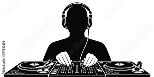 Silhouette DJ mixing music on turntables with headphones in nightclub vector illustration for entertainment industry event flyer design electronic dance party poster audio production and creative musi