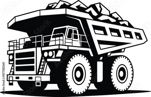 Heavy Mining Dump Truck Hauling Rocks Illustration in Black and White Vector Graphic Industrial Vehicle for Quarry and Construction Sites Material Transport Equipment Automotive Design for Mining Indu