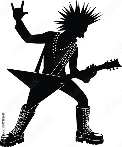 Silhouette of punk rock guitarist performing with electric guitar in concert rebellious musician with mohawk hairstyle playing music symbol of counterculture rebellion and nonconformity for alternativ