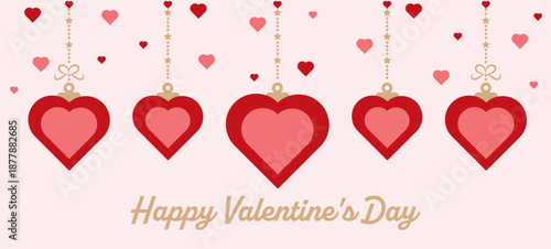 Valentines Day greeting card with hanging heart ornaments on a soft pink background. Romantic festive illustration for love cards, invitations, posters, banners, and holiday design.