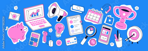 Laptop, megaphone, pencil, calendar, lightbulb and other marketing vintage cutout elements. Business, finance collage, hand drawn scrapbook stickers set. 
