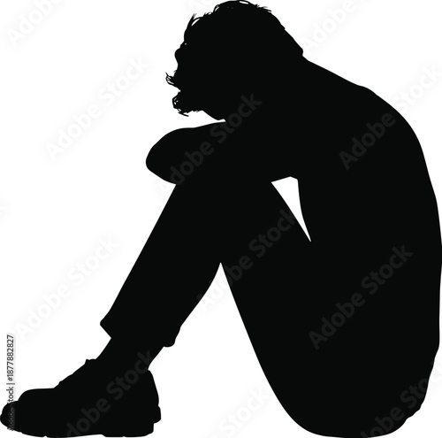 Silhouette of depressed man sitting alone feeling sad and anxious head in hands on white background dark concept for mental health awareness and emotional support in social issues and psychology for a