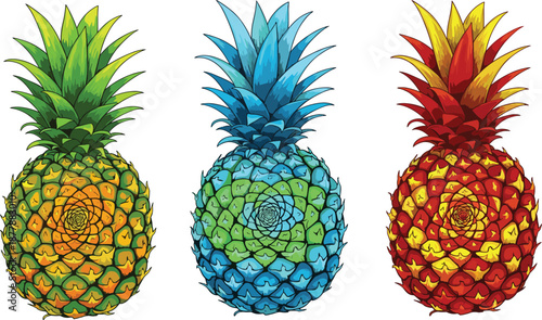Colorful pineapple illustration set with green, blue, red variants isolated on white background for tropical fruit design vector art concept