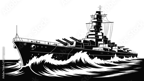 Powerful battleship sailing through stormy seas black and white vector illustration of formidable naval warship cutting through ocean waves for military history maritime themed infographics and strate