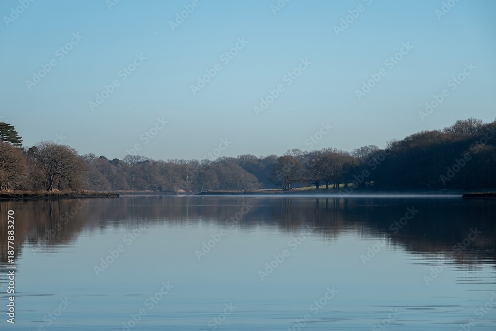 Fototapeta premium trees and blue winter sky reflecting in the water River Hamble Hampshire England
