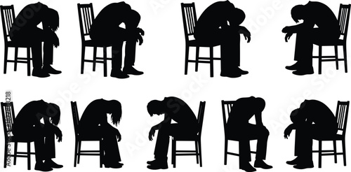 Depressed person silhouette set, sad sitting poses on chair, mental health concept, emotional stress illustration, isolated on white backgroundDepressed person silhouette set, sad 