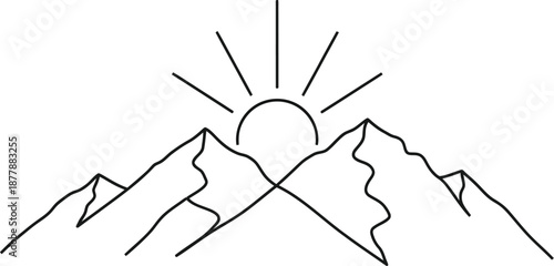 Simple minimalist line art drawing depicting a stylized sunrise emerging between two jagged mountain peaks representing adventure and natural beauty in black outline style on white background