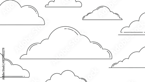 Simple black and white outline illustration of various fluffy cumulus clouds scattered across a bright white background creating a minimalist sky pattern.