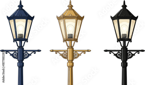Set of vintage street lamps in blue, gold and black colors, classic outdoor lantern illustration with ornate details for decorative design projects