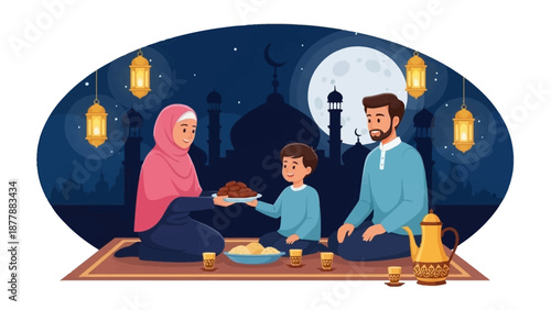 Parents and son breaking fast during ramadan kareem