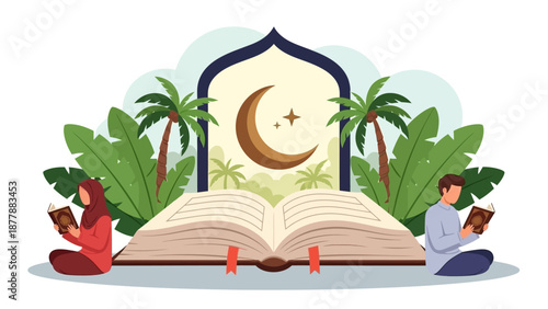 Muslim man and woman reading holy quran in front of giant book