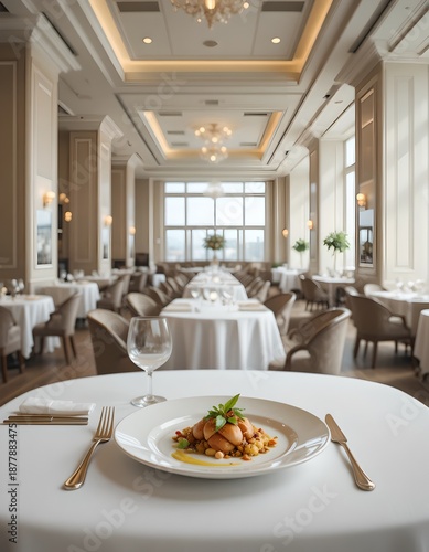 Elegant Fine Dining Restaurant with Gourmet Dish on White Tablecloth and Gold Cutlery
‎